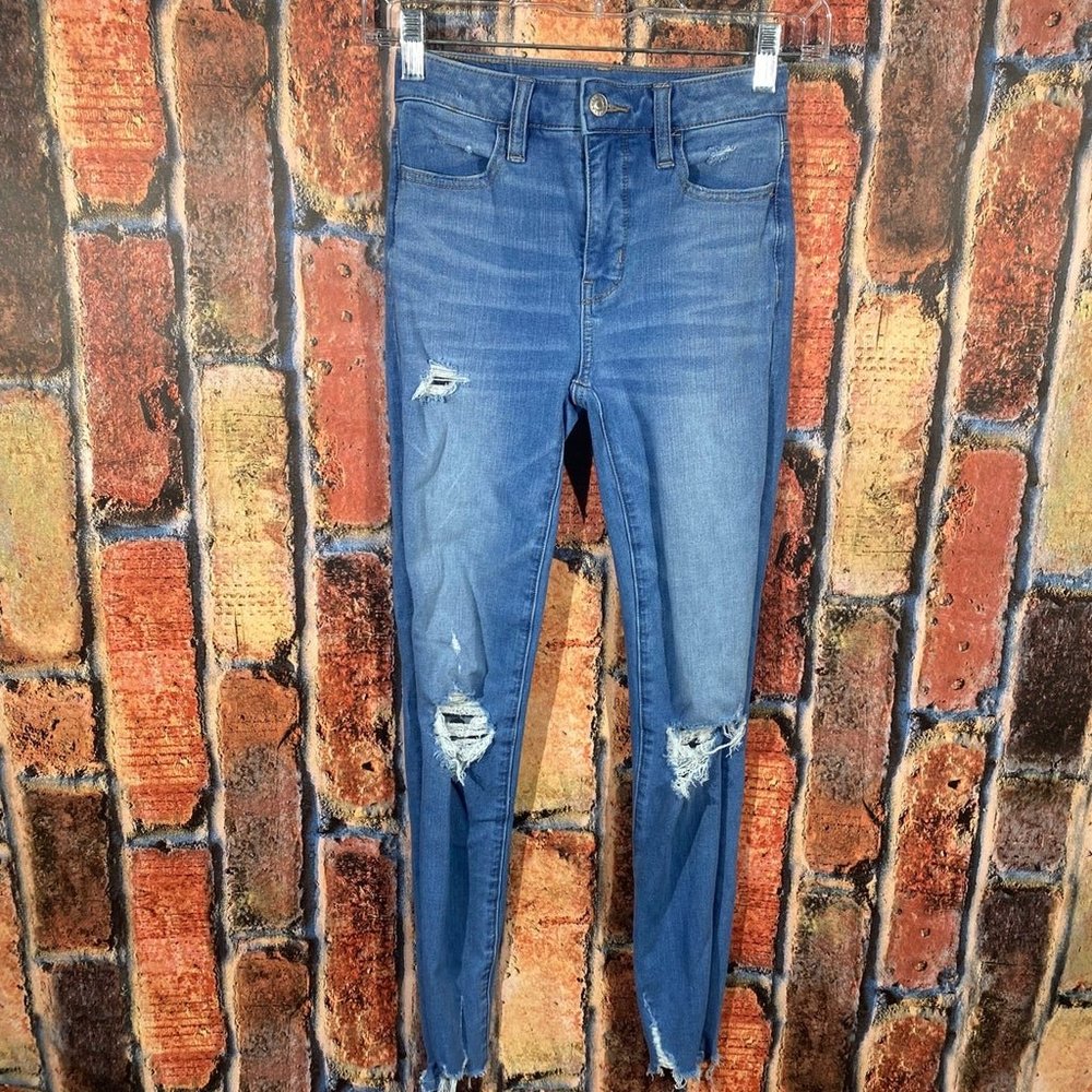 American eagle the dream jean super high rise jegging medium wash distressed 0